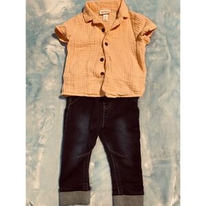 Cat & Jack Baby Boys 12M Peach Gauze Button Down Shirt and Denim Jogger Set